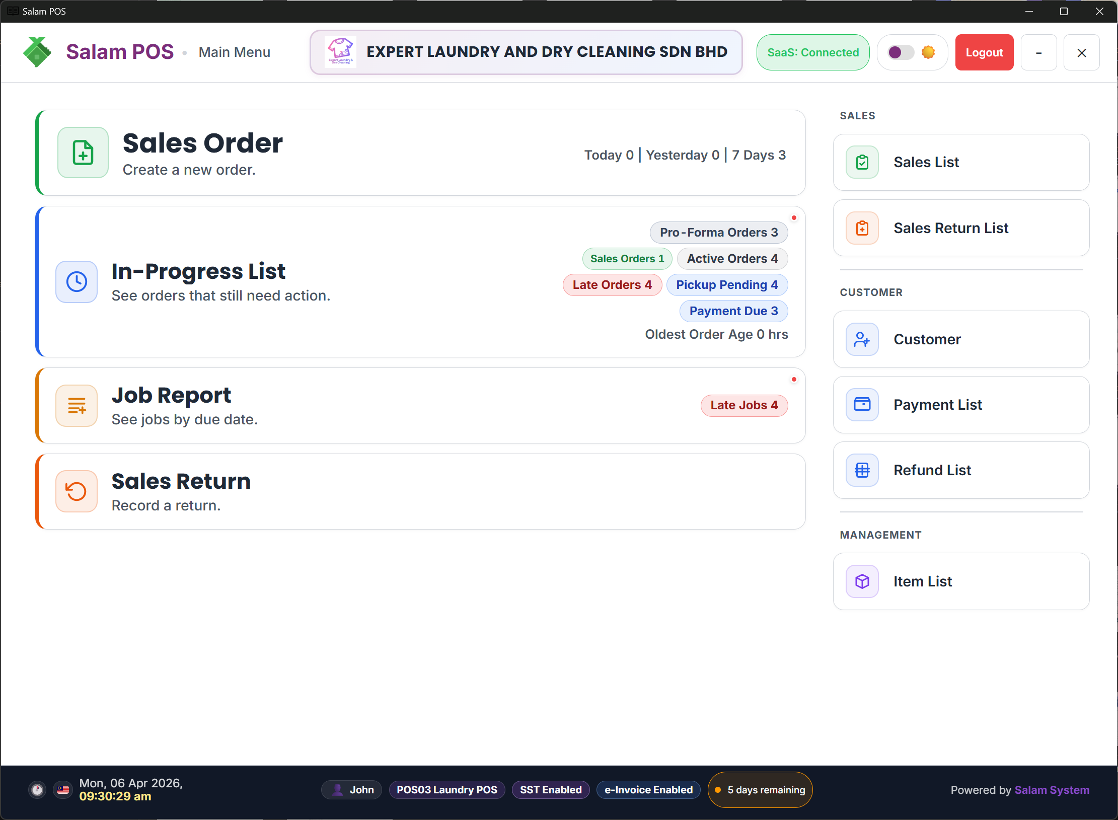 Start a new order from the laundry main menu